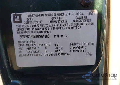 2001 Chevrolet Suburban Ls из США, поврежденный, VIN 3GNFK16T81G261103